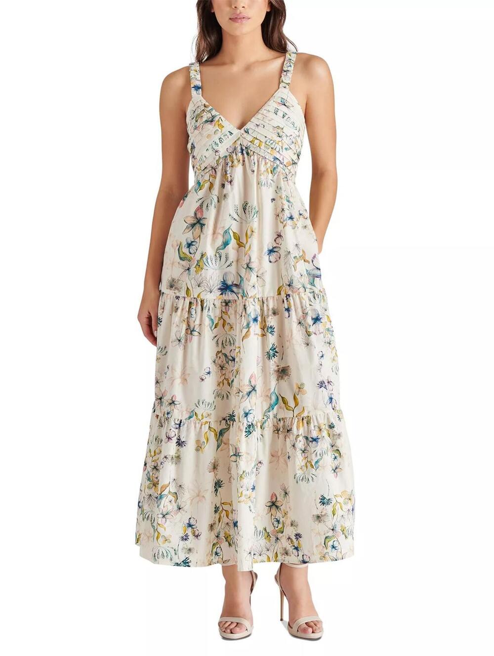 Steve Madden Eliora V-Neck Floral-Print Tiered Bohemian Maxi Dress - M